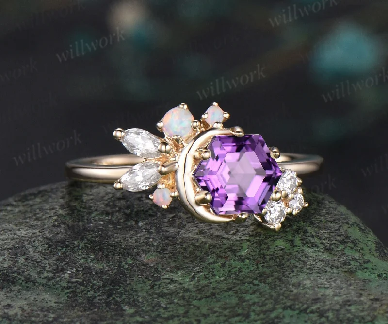 Hexagon cut amethyst engagement ring solid 14k yellow gold moon opal ring vintage cluster diamond Crystal wedding anniversary ring women