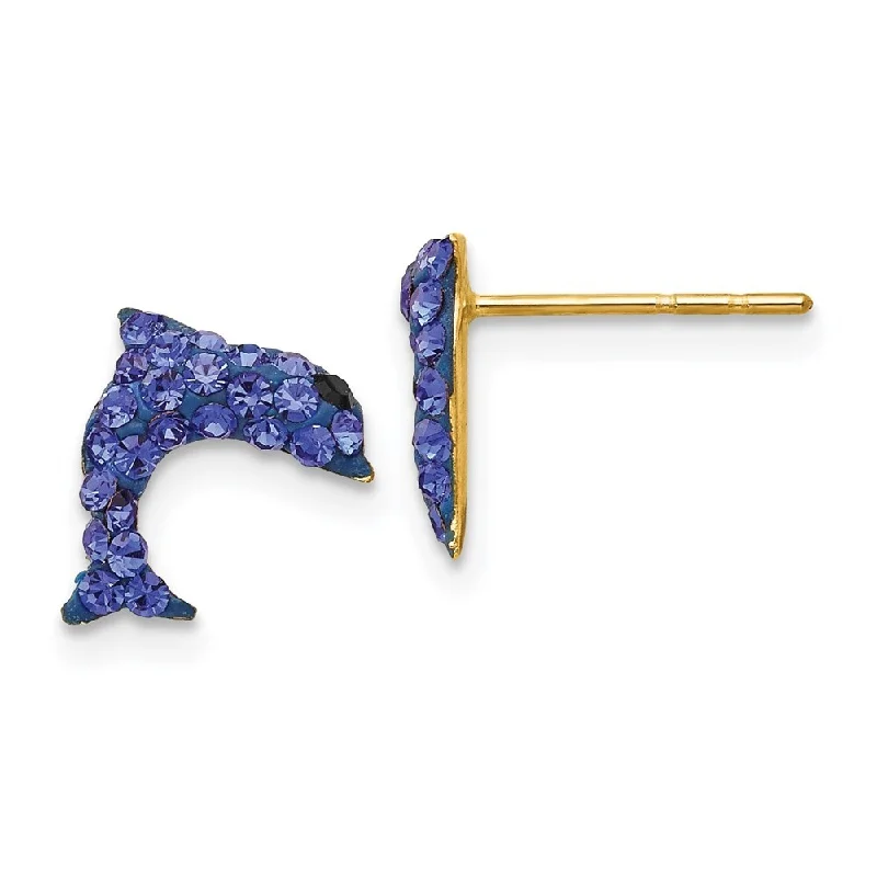 14k Yellow Gold Crystal Blue Dolphin Stud Earrings (L-9 mm, W-9 mm)