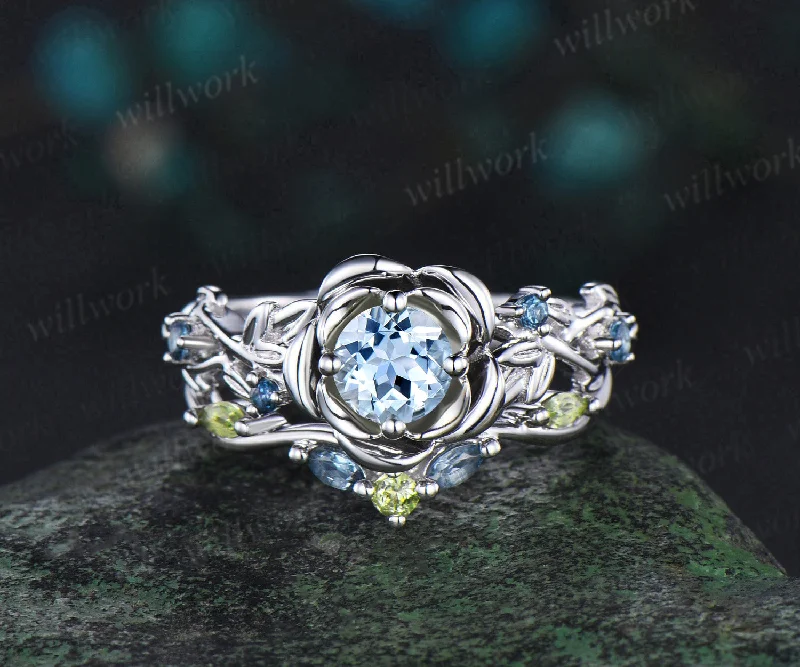 Vintage round cut aquamarine engagement ring white gold flower floral leaf twisted five stone anniversary ring set women gift