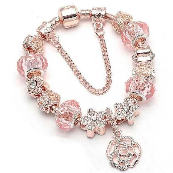 18K Rose Gold Plated Rose Charm Bracelet Made With Swarovski Elements