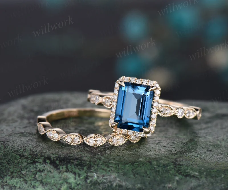 Emerald cut London blue topaz engagement ring 14k yellow gold half eternity marquise milgrain diamond promise wedding ring women jewelry