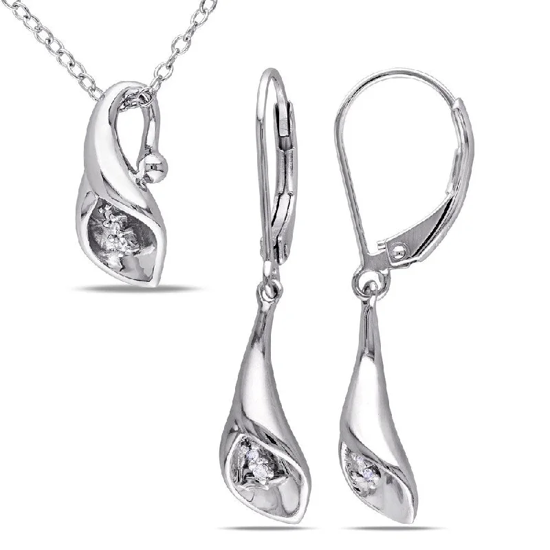 Miadora Shared Prong-Set Diamond Flower Dangle Earrings and Necklace Set in Sterling Silver - White