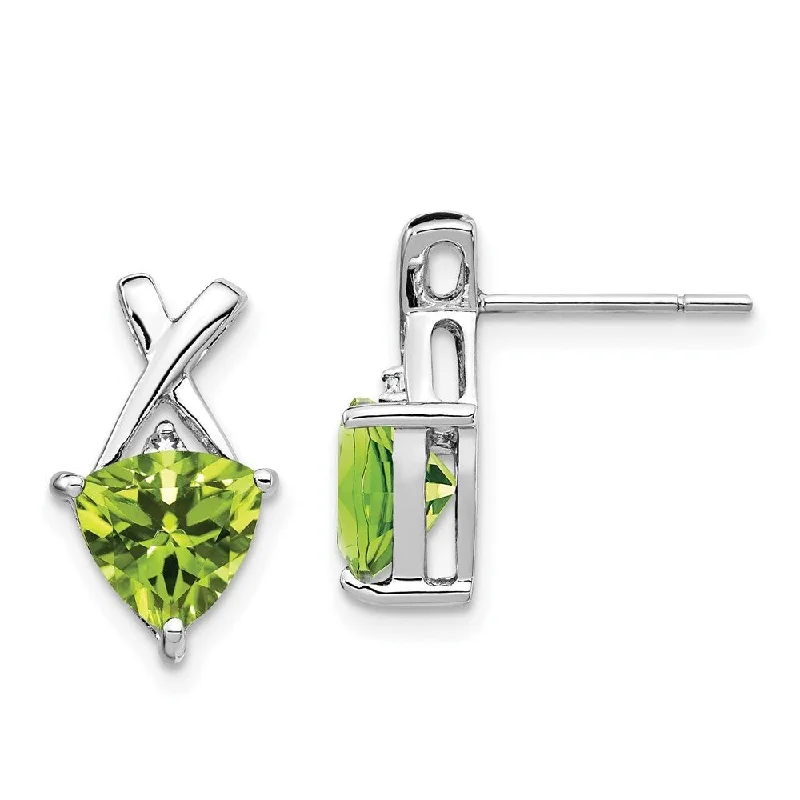 14k White Gold Green Peridot and White Gemstone Trillion Drop Dangle Earrings (L-15 mm, W-8 mm)