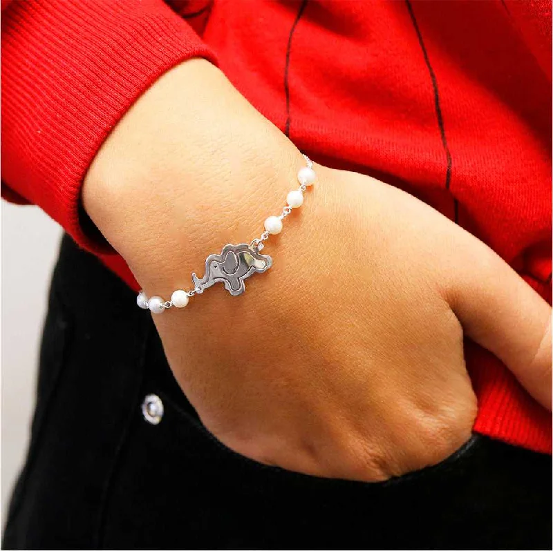 Italian Sterling Silver Adjustable Freshwater Pearl Or Crystal Elephant Charm Bracelet