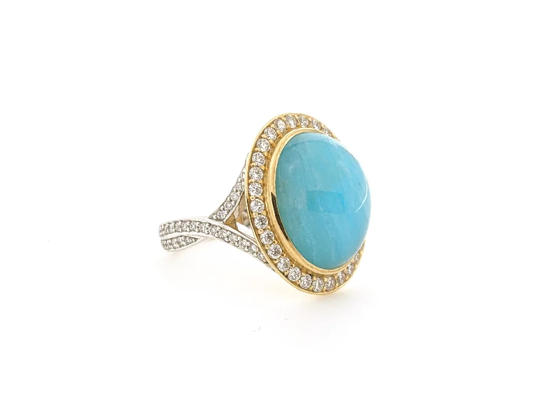 Cabachon Brazilian Paraiba and Diamond Halo Ring