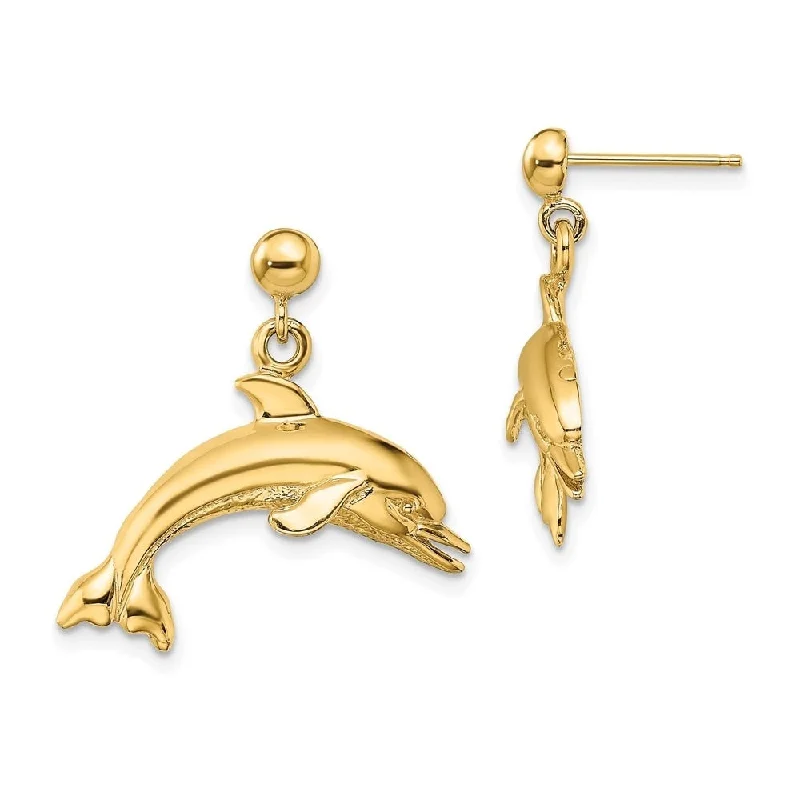 Diamond2Deal 14K Yellow Gold Jumping Dolphin Dangle Earrings (L- 0.92 Inch, W-0.96 Inch)