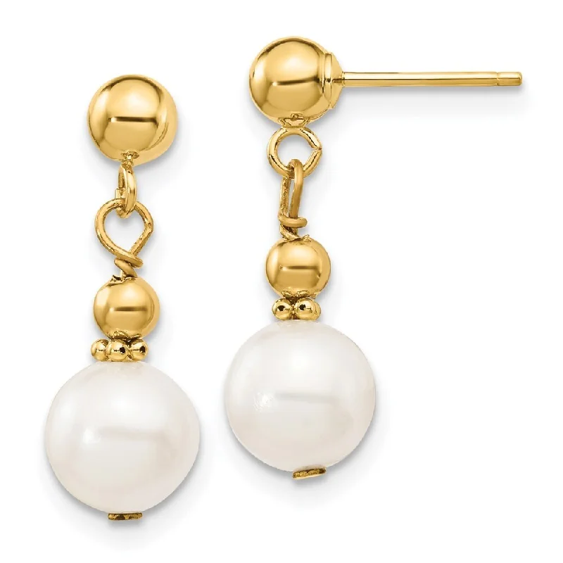 14K Yellow Gold 7-8mm White Semi-round Freshwater Cultured Pearl Dangle Post Earrings