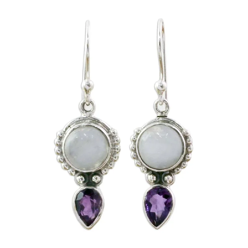 Handmade Indian Rain Amethyst Rainbow Moonstone Earrings (India) - 1.5*0.4