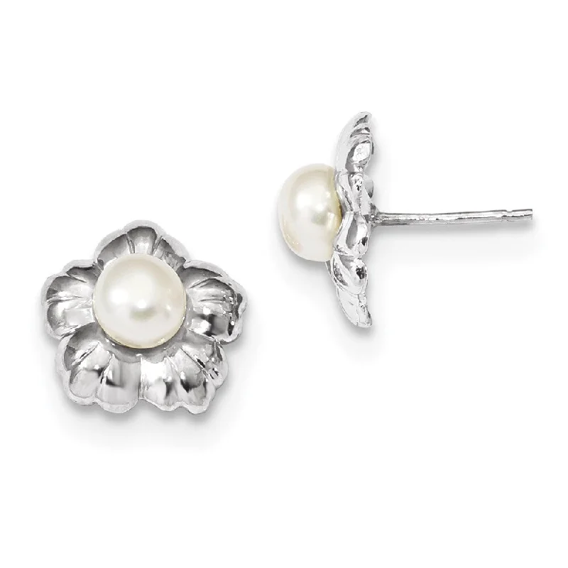 14k White Gold White Button C Pearl Flower Stud Earrings (L-5 mm, W-6 mm)