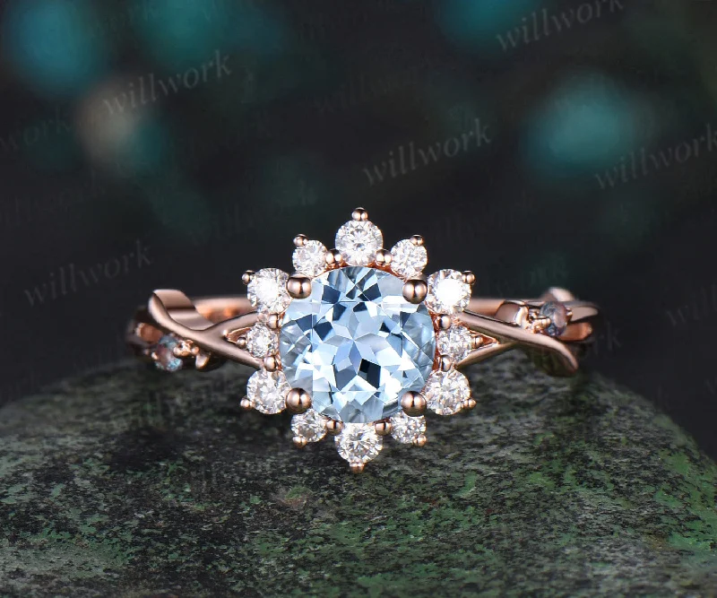 Round cut aquamarine engagement ring rose gold twisted branch vine halo diamond ring vintage March birthstone ring women