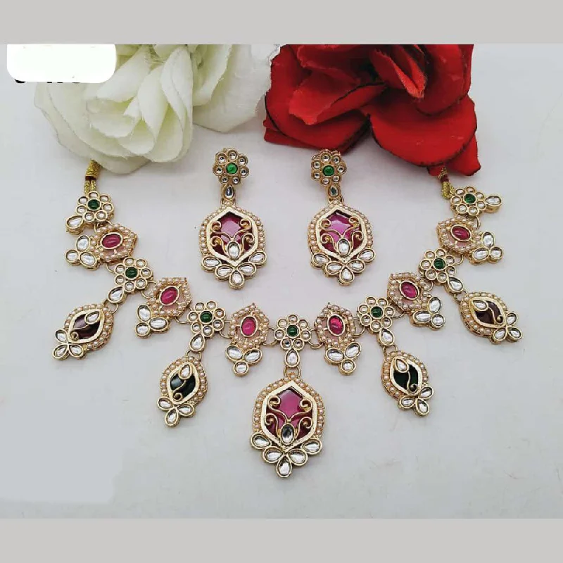 FS Collection Gold Plated Kundan Stone And Pearls Necklace Set