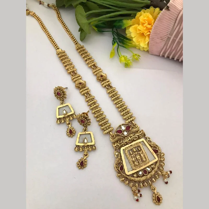 FS Collection Gold Plated Pota Stone Temple Long Necklace Set