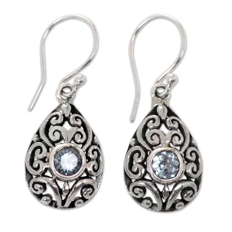 Handmade Sterling Silver 'Balinese Scarab' Topaz Earrings (Indonesia) - Blue