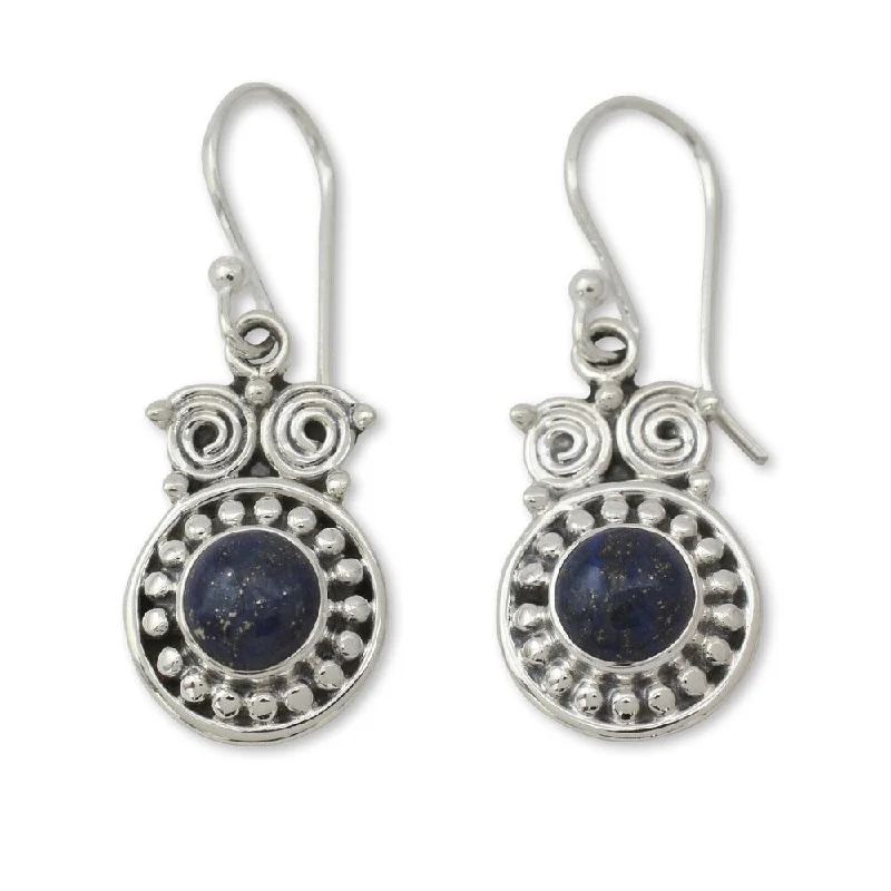 Handmade Sterling Silver 'Intuitive Owl' Lapis Lazuli Earrings (India)