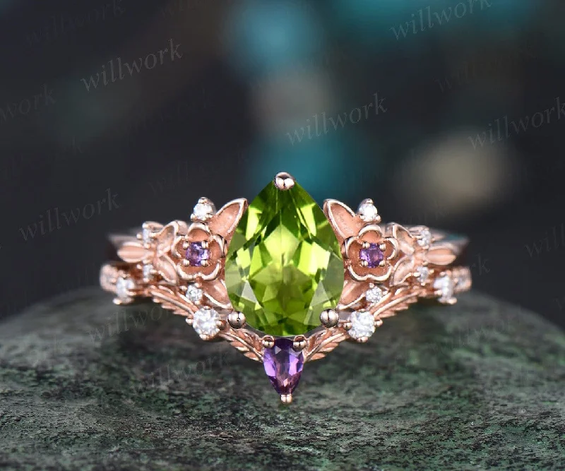 Vintage pear cut peridot engagement ring 14k rose gold twig leaf floral antique unique cluster diamond bridal wedding ring set women gift