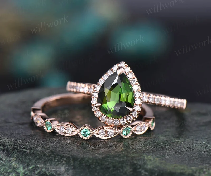 Pear shaped green tourmaline ring rose gold engagement ring set halo diamond ring dainty emerald ring for women bridal set fine jewelry