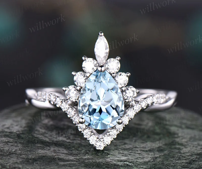 Vintage aquamarine ring gold for women unique pear shaped aquamarine engagement ring halo art deco infinity moissanite ring 14k white gold