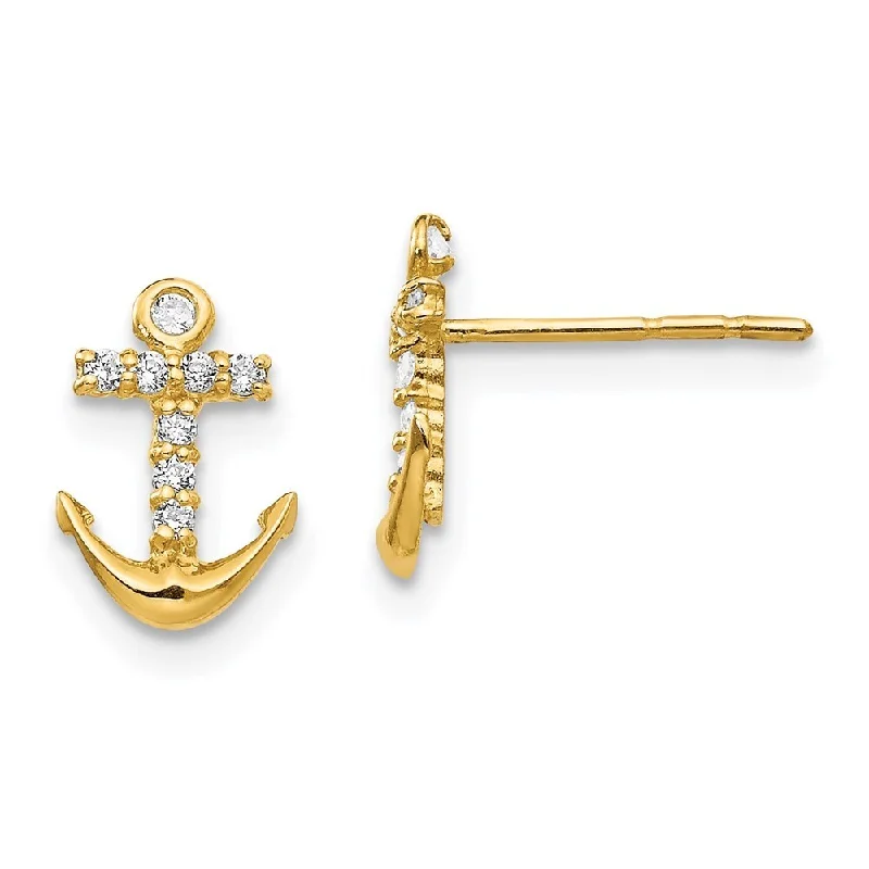 14k Yellow Gold Cubic Zirconia Anchor Stud Earrings (L-10 mm, W-6 mm)