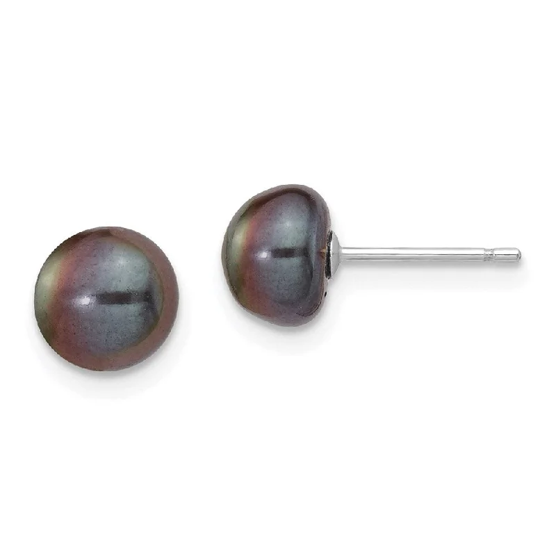 14k White Gold Black Button Cultured Pearl Stud Earrings (L-7 mm, W-8 mm)