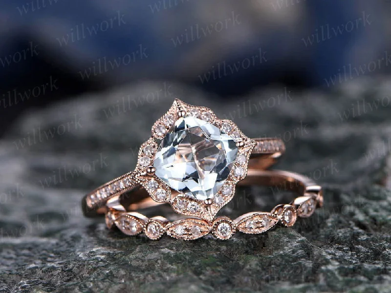 2pcs cushion aquamarine engagement ring set aquamarine rings for women vintage rose gold diamond ring March birthstone ring bridal set gift