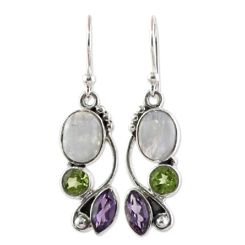 Handmade Sterling Silver Natural Glamour Multi-Stone Earrings (India) - 1.6*0.4