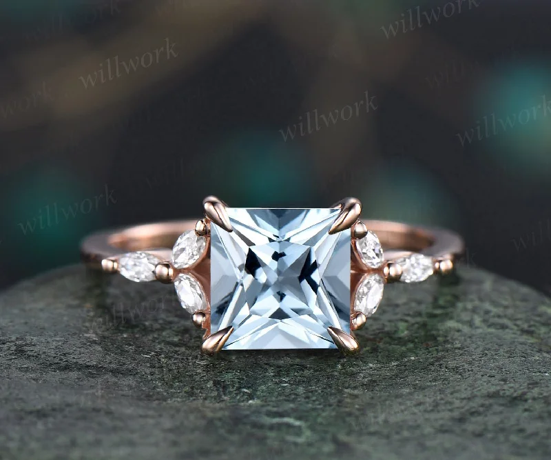 2ct Princess cut aquamarine aquamarine engagement ring rose gold unique cluster engagement ring art deco diamond promise wedding ring women