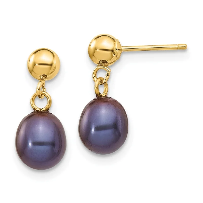 14k Yellow Gold 6-7mm Black Pearl Dangle Earrings (L-14 mm, W-7 mm)