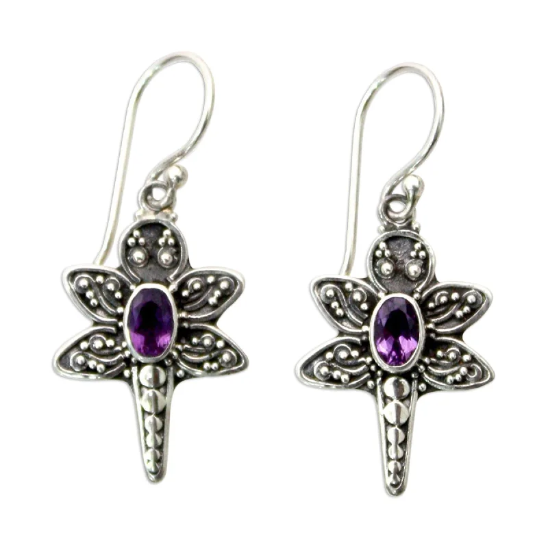 Handmade Sterling Silver Baby Dragonfly Amethyst Dangle Earrings (Indonesia)