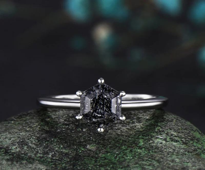 14k white gold unique Hexagon Cut Black Rutilated Quartz engagement ring for her birthday gift