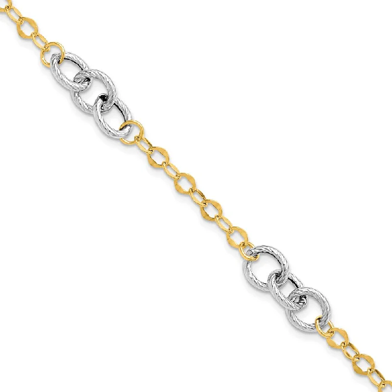 14k Two Tone Gold 7mm Polished & Textured Link Chain Bracelet, 7.5 In