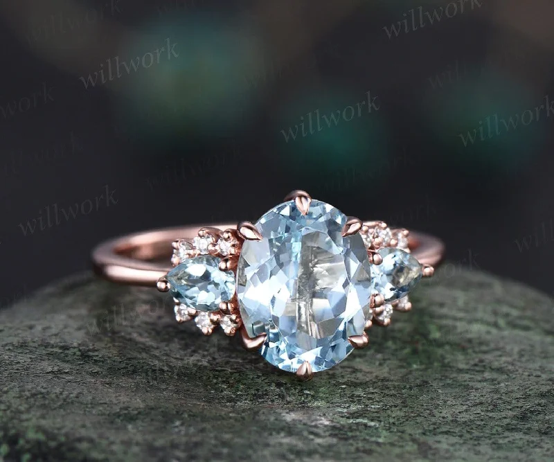 Vintage 2ct oval Aquamarine engagement ring pear Aquamarine ring cluster diamond ring solid 14k rose gold gemstone ring women fine jewelry