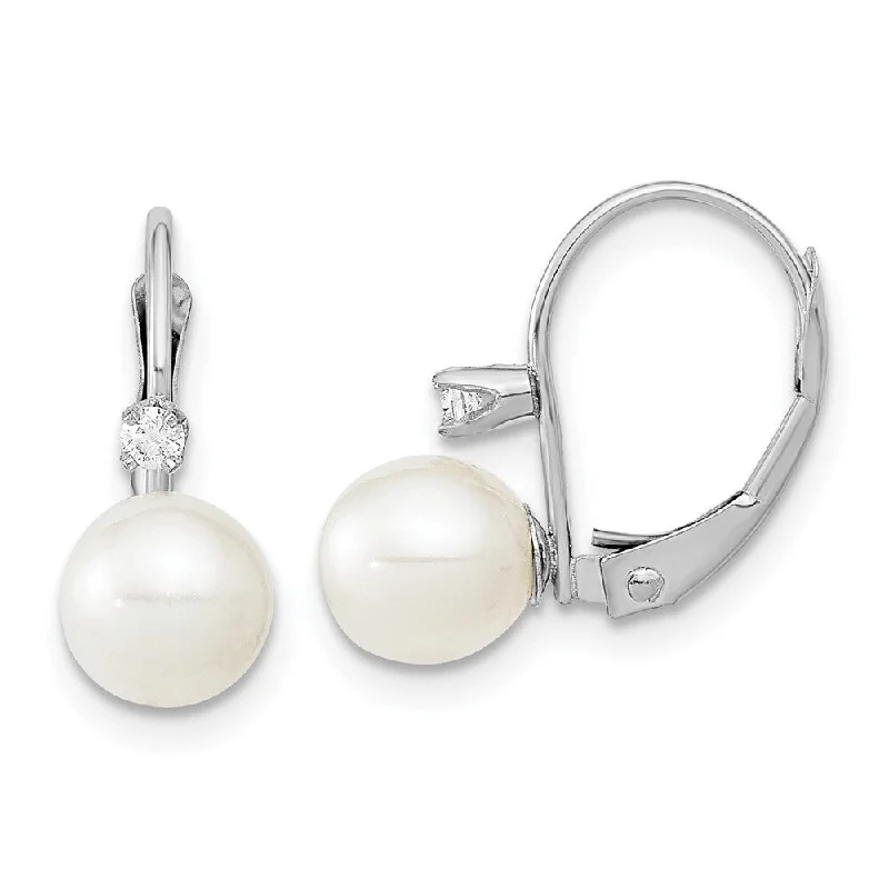 14K White Gold 6-7mm Round White FWC Pearl .06ct. Dia. Earrings