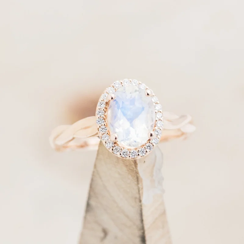 "EVERLEIGH" - OVAL MOONSTONE ENGAGEMENT RING WITH DIAMOND HALO