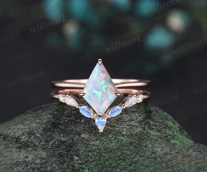 Vintage Opal engagement ring set kite cut ring rose gold art deco marquise cut moonstone ring moissanite wedding ring set for women