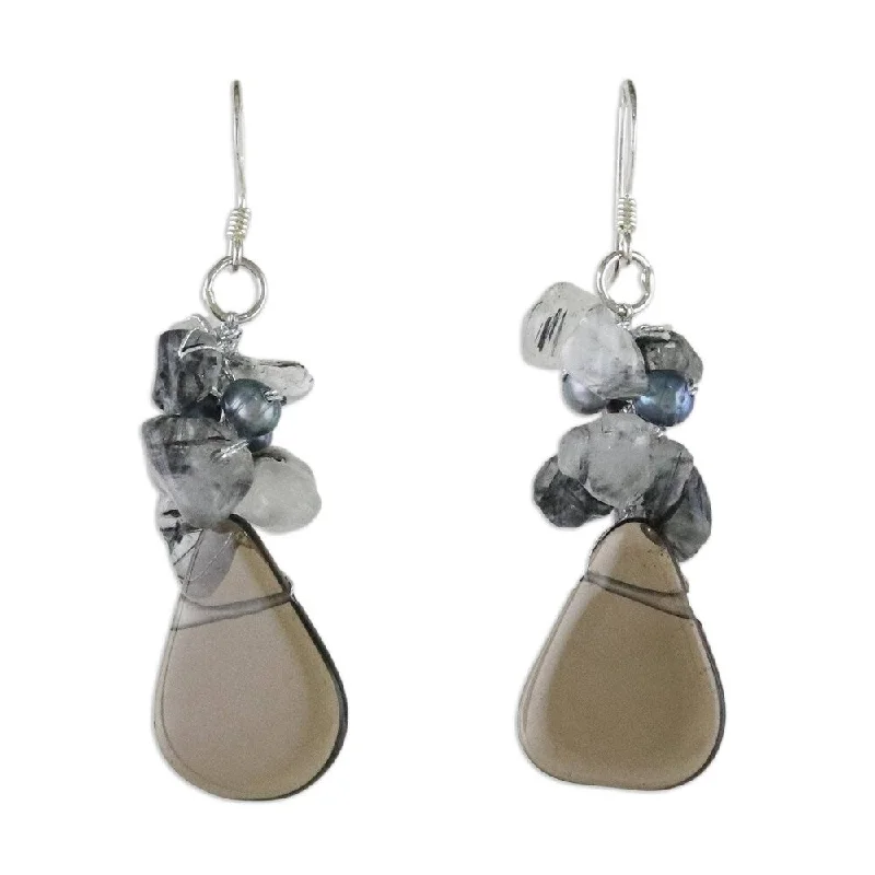 Handmade Silver Pearl and Quartz Blossoming Night Earrings (Thailand)