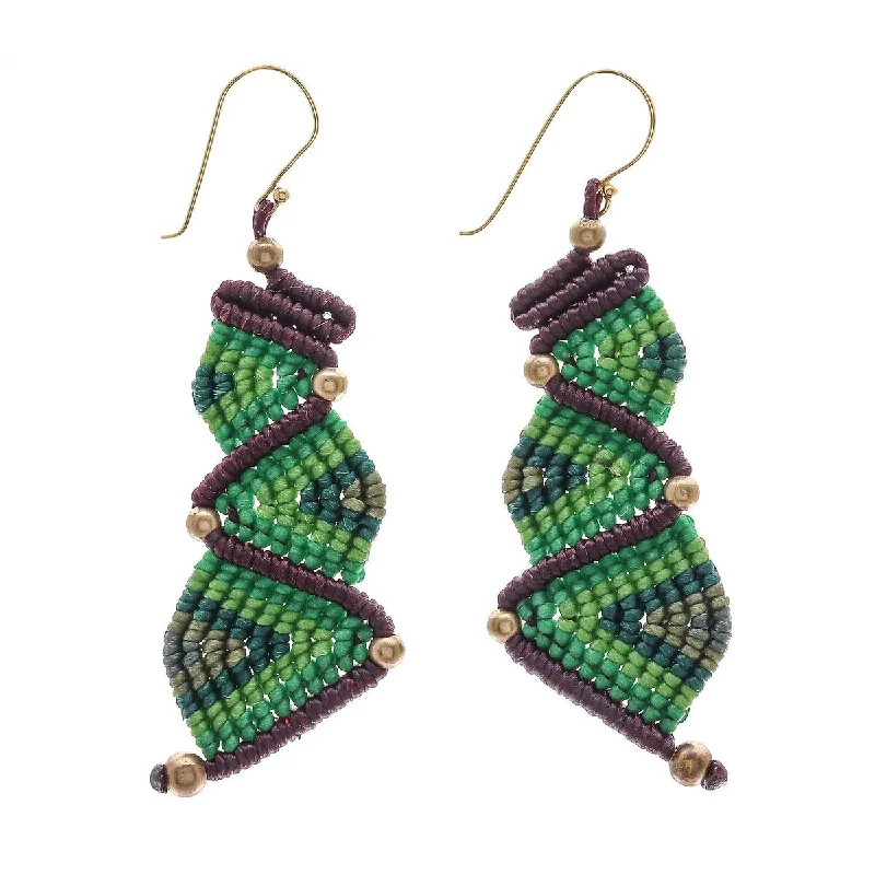 NOVICA Zigzag Dream in Green, Hand-knotted dangle earrings - 3.1L*1.2W