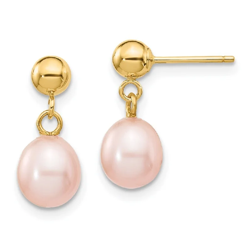 14k Yellow Gold 6-7mm Pink Pearl Dangle Earrings (L-15 mm, W-6.5 mm)