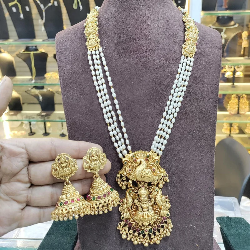 Manisha Jewellery Gold Plated Pota Stone And Pearl Temple Long Necklace Set