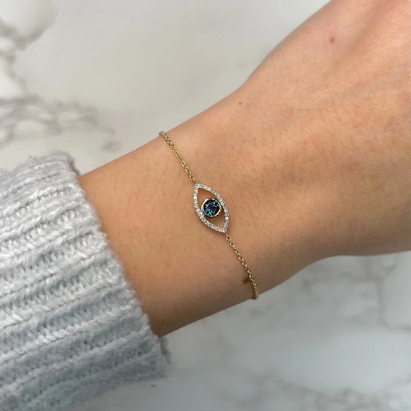 14K GOLD DIAMOND BLUE TOPAZ EVIE EVIL EYE BRACELET