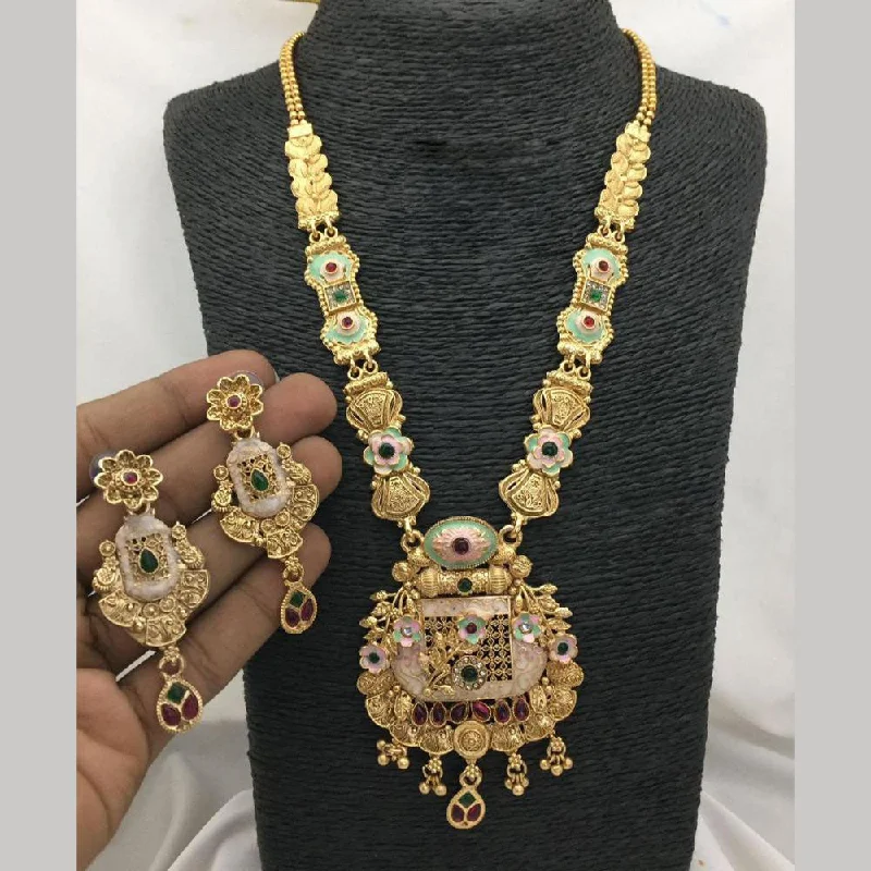 FS Collection Antique Gold Plated Pota Stone And Pearls Long Necklace Set