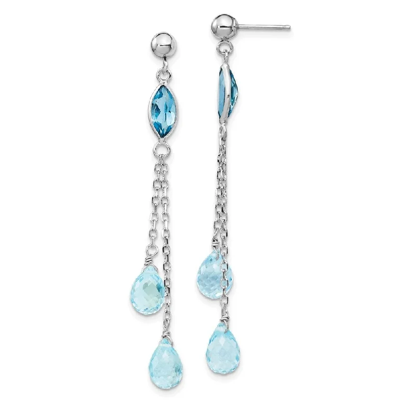 14k White Gold Blue Gemstone Drop Dangle Earrings (L-51 mm, W-5 mm)