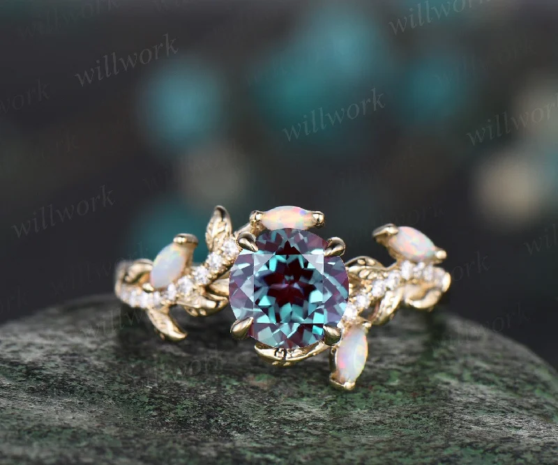 Vintage round alexandrite engagement ring yellow gold leaf nature inspired branch half eternity diamond opal wedding anniversary ring women