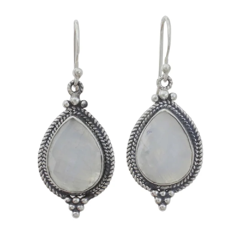 Handmade Sterling Silver 'Morning Fog' Rainbow Moonstone Earrings (India)