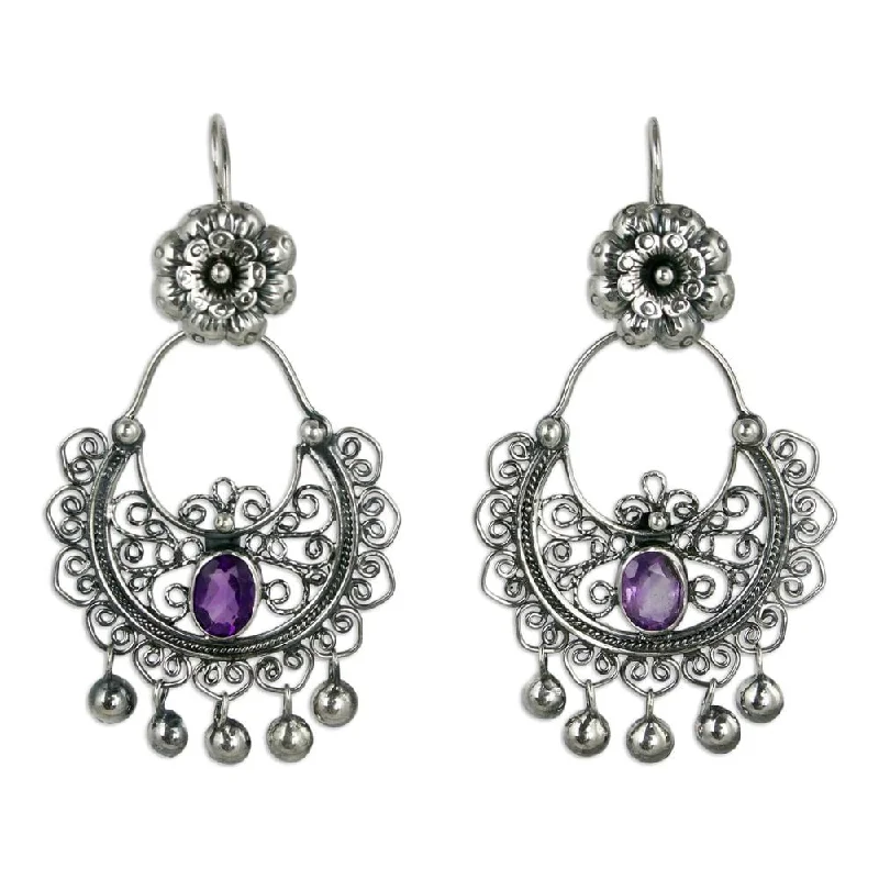 Sterling Silver 'Mazahua Elegance' Amethyst Earrings