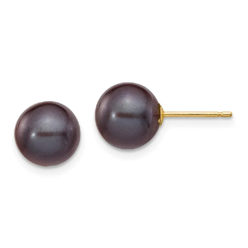 14k Yellow Gold 9mm Black Round Cultured Pearl Stud Earrings (L-8 mm, W-9 mm)