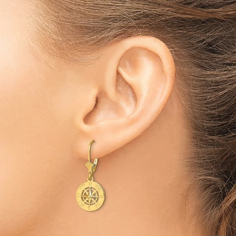 Diamond2Deal 14K Yellow Gold Mini Nautical Compass Leverback Dangle Earrings (L- 1.25 Inch)