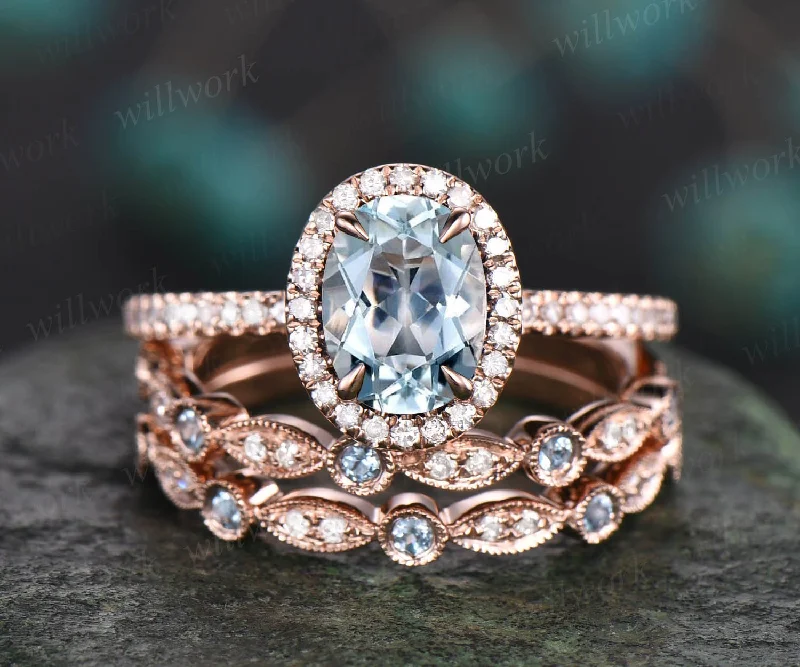 Oval cut aquamarine engagement ring set art deco diamond ring set rose gold halo marquise ring vintage topaz ring set March birthstone ring