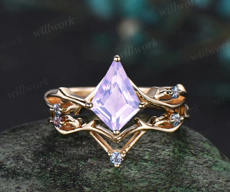 Vintage kite Lavender Amethyst engagement ring Branches leaf moissanite ring 14k yellow gold wedding ring band bridal set