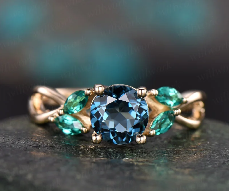 London blue topaz engagement ring yellow gold topaz  ring art deco emerald ring gold vintage marquise wedding women gift brial ring jewelry