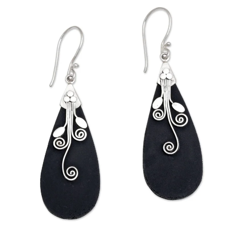 Handmade Sterling Silver Lava Stone Reaching Vines Earrings (Indonesia) - 2.4L*0.7W